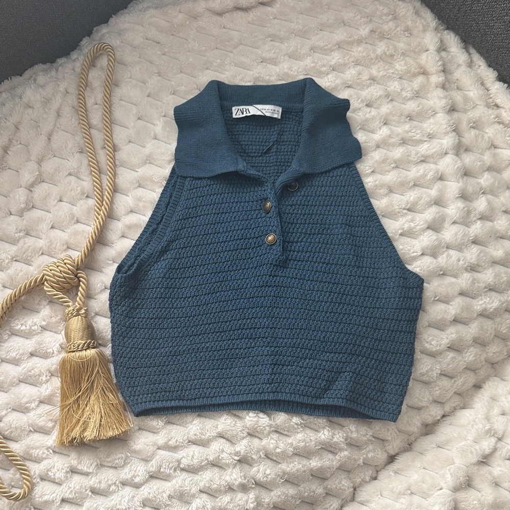 Zara Dark Blue Textured Sleeveless Top